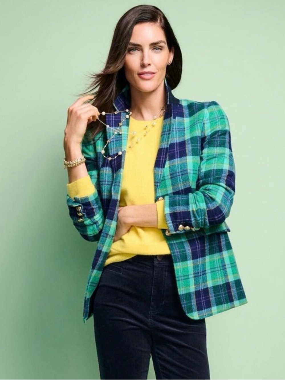 Talbots Green & Navy Plaid Tailored Blazer